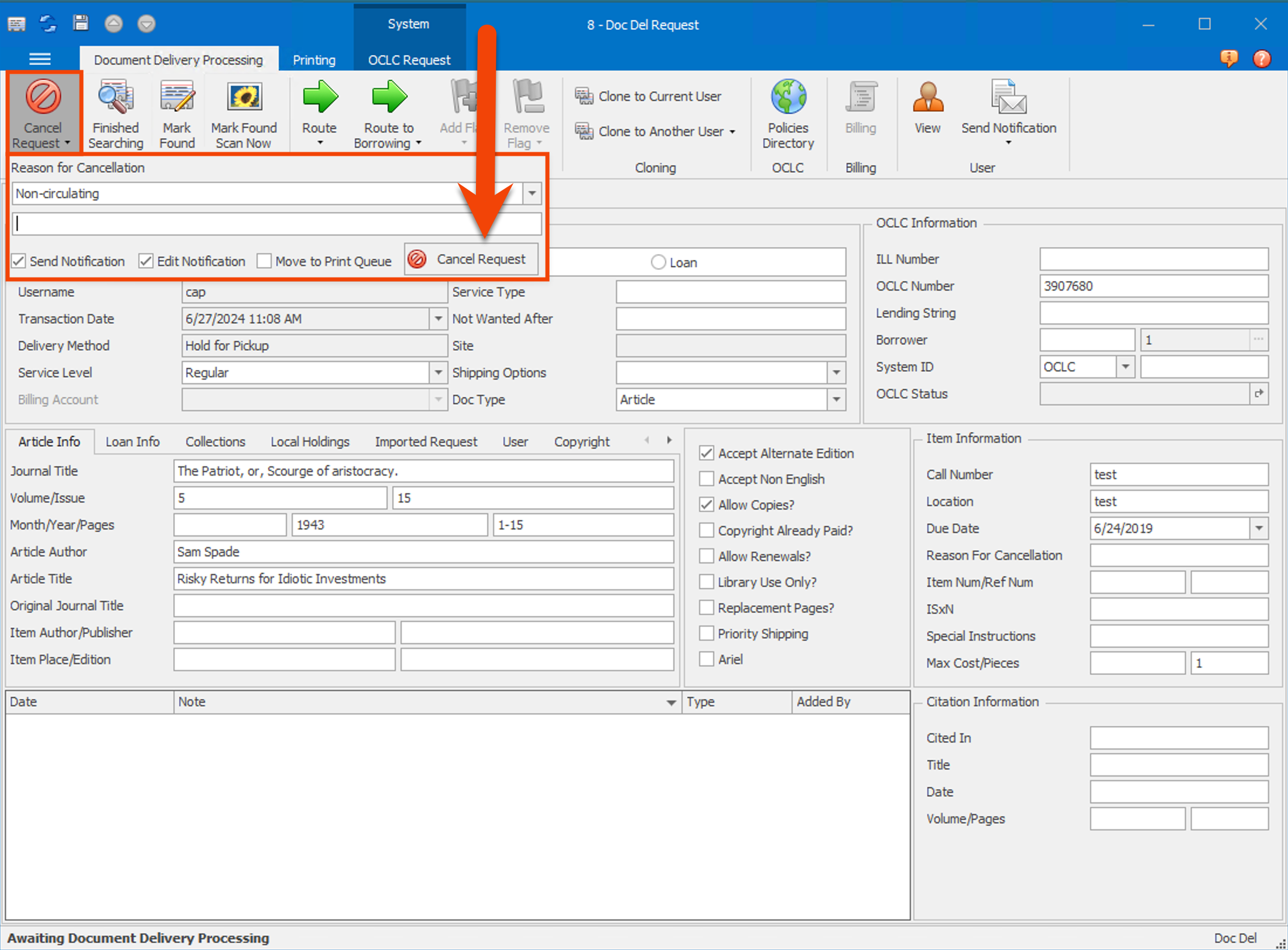 Cancel options displayed on a Document Delivery request